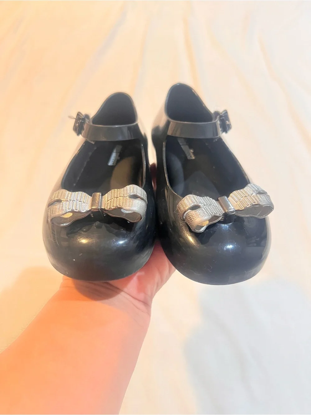 Mini Melissa Black Jelly Mary Jane Shoes with Silver Bow